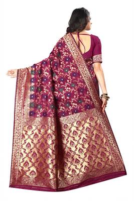 Wine Woven Cotton Silk Saree With Blouse 3