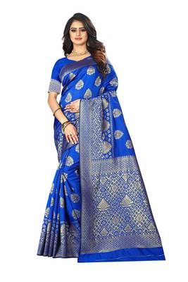 Royal Blue Woven Cotton Silk Saree With Blouse 1