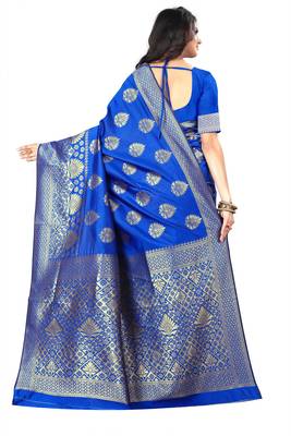 Royal Blue Woven Cotton Silk Saree With Blouse 3