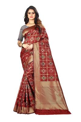 Maroon Woven Cotton Silk Saree With Blouse 1