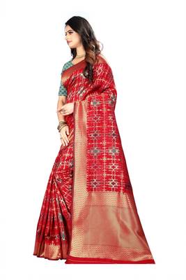 Red Woven Cotton Silk Saree With Blouse 2