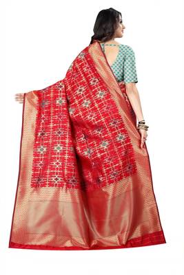 Red Woven Cotton Silk Saree With Blouse 3