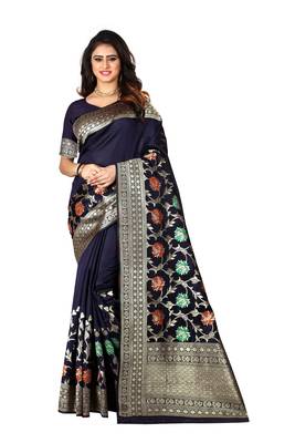 Navy Blue Woven Cotton Silk Saree With Blouse 1