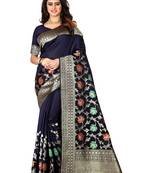 Navy Blue Woven Cotton Silk Saree With Blouse