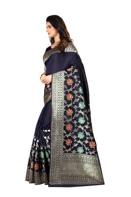 Navy Blue Woven Cotton Silk Saree With Blouse 2