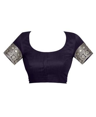 Navy Blue Woven Cotton Silk Saree With Blouse 4