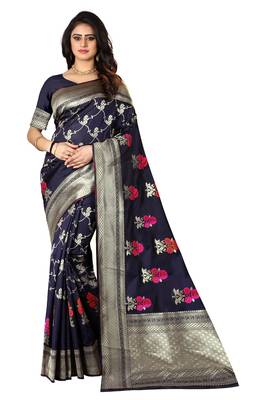 Navy Blue Woven Cotton Silk Saree With Blouse 1