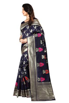Navy Blue Woven Cotton Silk Saree With Blouse 2