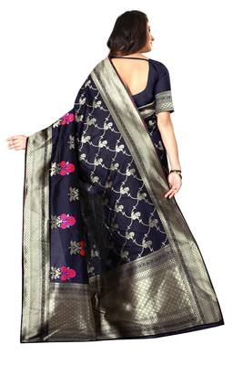 Navy Blue Woven Cotton Silk Saree With Blouse 3