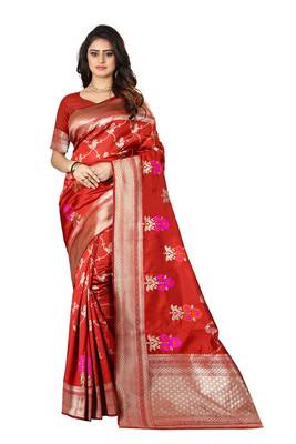Red Woven Cotton Silk Saree With Blouse 1
