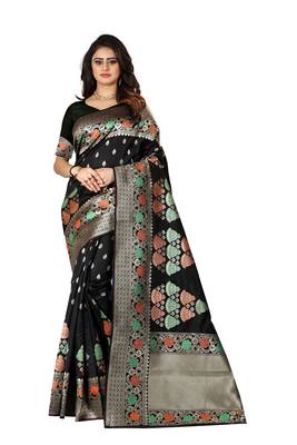 Black Woven Cotton Silk Saree With Blouse 1