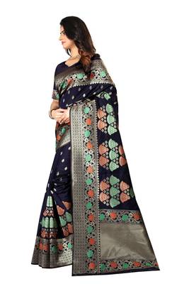 Navy Blue Woven Cotton Silk Saree With Blouse 2