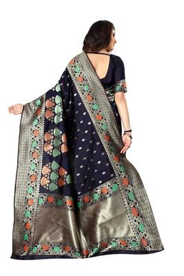 Navy Blue Woven Cotton Silk Saree With Blouse 3