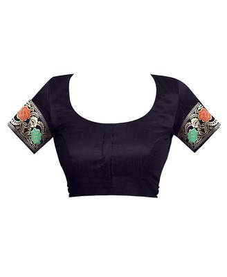 Navy Blue Woven Cotton Silk Saree With Blouse 4