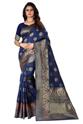 Navy Blue Woven Cotton Silk Saree With Blouse 1