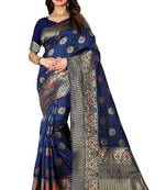Navy Blue Woven Cotton Silk Saree With Blouse