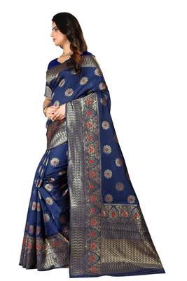 Navy Blue Woven Cotton Silk Saree With Blouse 2