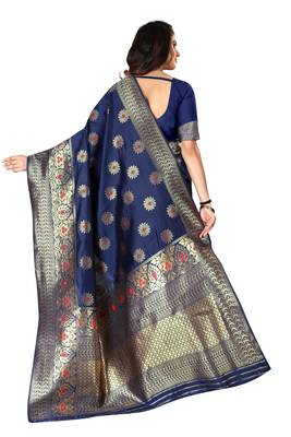 Navy Blue Woven Cotton Silk Saree With Blouse 3