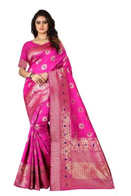 Rani Pink Woven Cotton Silk Saree With Blouse 1
