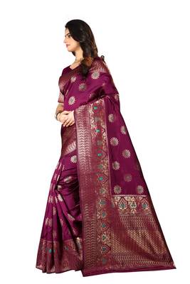 Wine Woven Cotton Silk Saree With Blouse 2