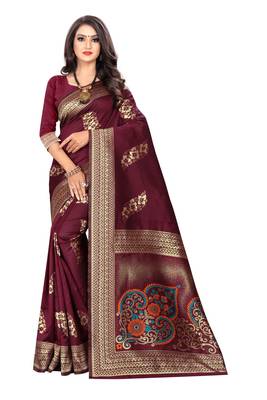 Maroon Woven Cotton Silk Saree With Blouse 1
