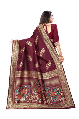Maroon Woven Cotton Silk Saree With Blouse 3