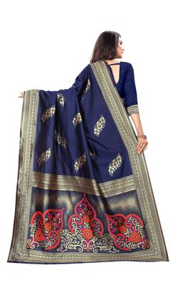 Navy Blue Woven Cotton Silk Saree With Blouse 3
