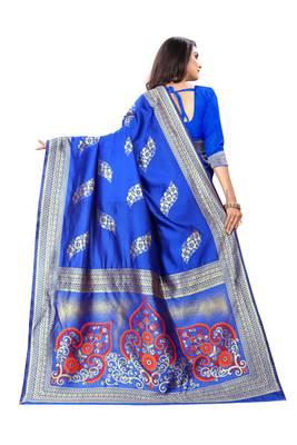 Royal Blue Woven Cotton Silk Saree With Blouse 3