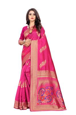 Rani Pink Woven Cotton Silk Saree With Blouse 1