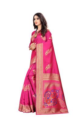 Rani Pink Woven Cotton Silk Saree With Blouse 2