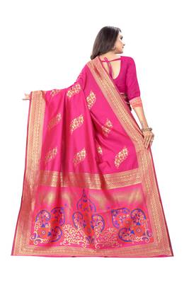 Rani Pink Woven Cotton Silk Saree With Blouse 3