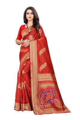 Red Woven Cotton Silk Saree With Blouse 1