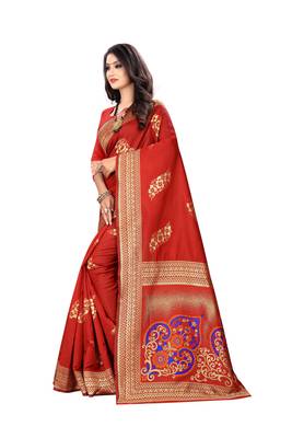 Red Woven Cotton Silk Saree With Blouse 2