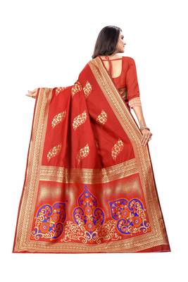 Red Woven Cotton Silk Saree With Blouse 3