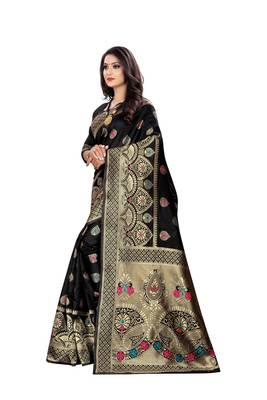 Black Woven Cotton Silk Saree With Blouse 2