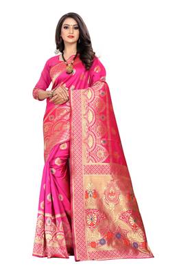 Rani Pink Woven Cotton Silk Saree With Blouse 1