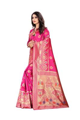 Rani Pink Woven Cotton Silk Saree With Blouse 2