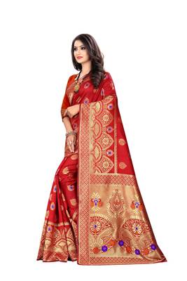 Red Woven Cotton Silk Saree With Blouse 2