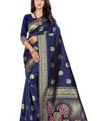 Navy Blue Woven Cotton Silk Saree With Blouse