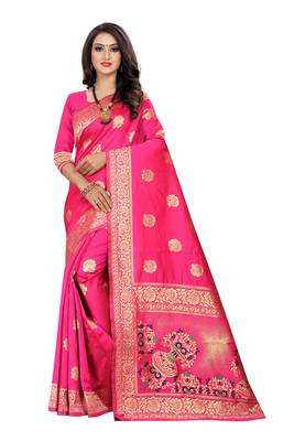 Rani Pink Woven Cotton Silk Saree With Blouse 1