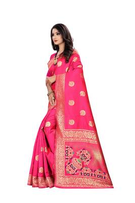 Rani Pink Woven Cotton Silk Saree With Blouse 2