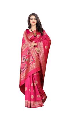 Rani Pink Woven Cotton Silk Saree With Blouse 3
