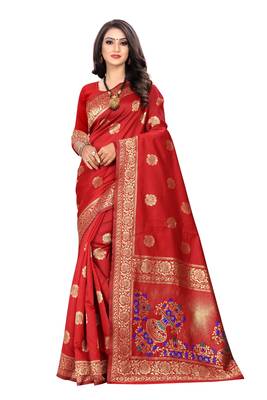 Red Woven Cotton Silk Saree With Blouse 1
