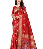 Red Woven Cotton Silk Saree With Blouse