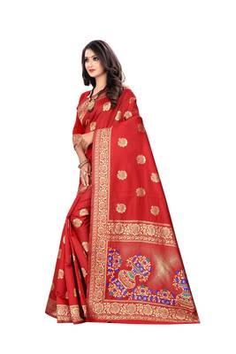 Red Woven Cotton Silk Saree With Blouse 2