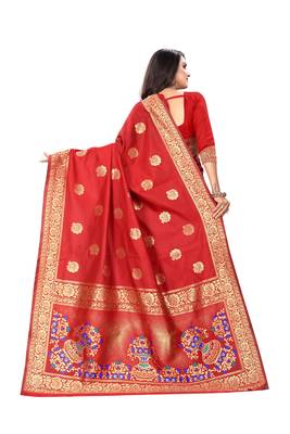 Red Woven Cotton Silk Saree With Blouse 3