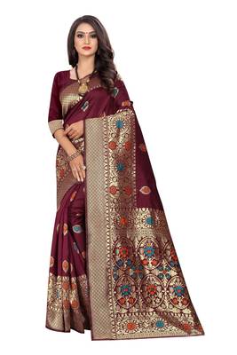 Maroon Woven Cotton Silk Saree With Blouse 1