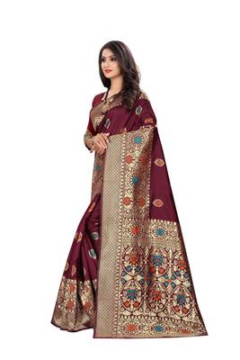 Maroon Woven Cotton Silk Saree With Blouse 2