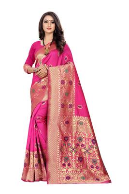 Rani Pink Woven Cotton Silk Saree With Blouse 1