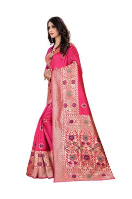 Rani Pink Woven Cotton Silk Saree With Blouse 2